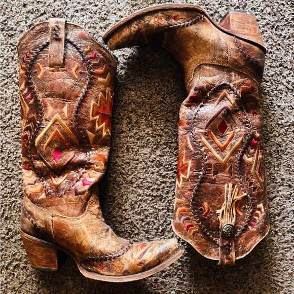 Corral Brown and Red Embroidered Heeled Boots - Picture 1 of 2